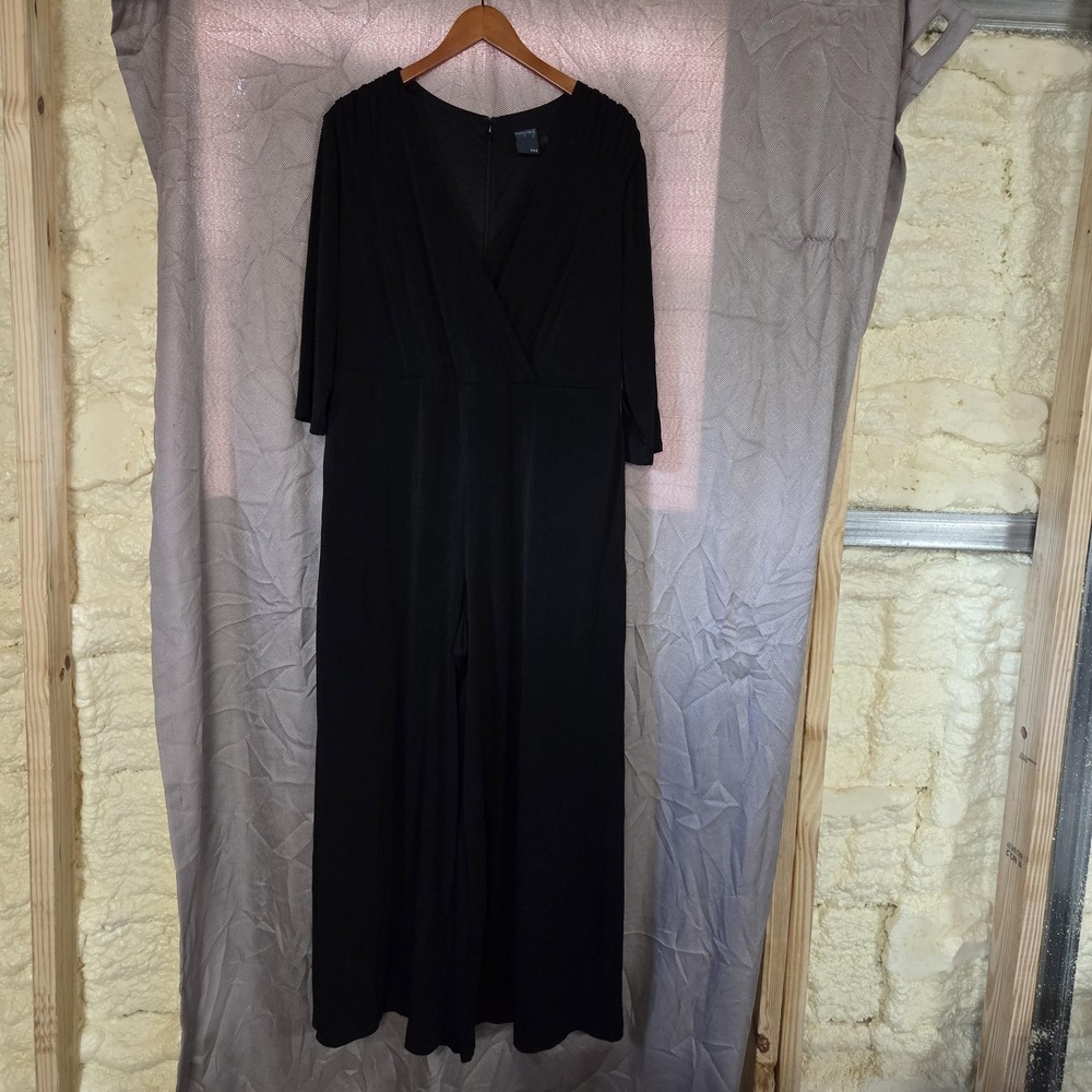 Gabby Skye Jumpsuit Womens 16W Black V Neck 3/4 Sleeve Jersey Stretch Wide Leg